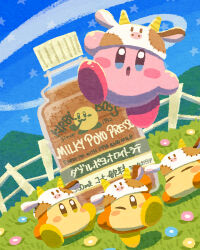Rule 34 | blush, blush stickers, boss coffee, bottle, coffee milk, cow hat, fence, food, food focus, grass, highres, kirby, kirby (series), miclot, nintendo, one eye closed, open mouth, pink footwear, shoes, sky, waddle dee, yellow eyes, yellow footwear