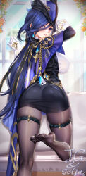 Rule 34 | 1girl, ass, black pantyhose, blue hair, blue hat, blush, breasts, cape, clorinde (genshin impact), dakimakura (medium), epaulettes, genshin impact, gloves, hat, hat feather, highres, jewelry, jg&amp;solin, large breasts, long hair, looking at viewer, low ponytail, multiple views, pantyhose, purple eyes, see-through, see-through shirt, solo, tricorne, vision (genshin impact), white gloves