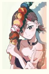 Rule 34 | 1girl, bloom into me15, blush, border, brown eyes, brown hair, chainsaw man, choker, closed mouth, commentary request, dress, food, hair ornament, hairclip, higashiyama kobeni, highres, holding food, holding ice cream, ice cream, ice cream cone, looking at viewer, mixed-language commentary, mole, mole under eye, mole under mouth, ponytail, simple background, smile, solo, too many, too many scoops, v