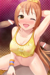 Rule 34 | 10s, 1girl, :d, arm up, armpits, bar censor, bare shoulders, blush, bottomless, breasts, brown eyes, brown hair, censored, cleavage, clothes writing, collarbone, from above, girl on top, group sex, hair ornament, hetero, idolmaster, idolmaster cinderella girls, long hair, medium breasts, multiple penises, navel, nipples, one eye closed, open mouth, penis, ponytail, see-through, sex, smile, solo focus, star (symbol), straddling, sweat, totokichi, vaginal, wakabayashi tomoka, wink, wristband