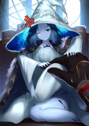 Rule 34 | 1girl, anger vein, blue eyes, blue hair, blue skin, cloak, closed mouth, colored skin, commentary request, cracked skin, elden ring, extra arms, extra faces, fur cloak, hat, highres, looking at viewer, miniature ranni, myria (7855), one eye closed, ranni the witch, short hair, sitting, solo focus, tarnished (elden ring), thighs, white headwear, witch hat