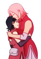 Rule 34 | 2girls, arm warmers, bare shoulders, black hair, child, closed eyes, dress, facial mark, fanny pack, forehead mark, from side, gabzillaz, glasses, haruno sakura, hug, lips, mother and daughter, multiple girls, naruto, naruto (series), naruto gaiden, pink hair, red dress, short hair, side slit, simple background, sleeveless, sleeveless dress, smile, standing, tears, uchiha sarada, white background