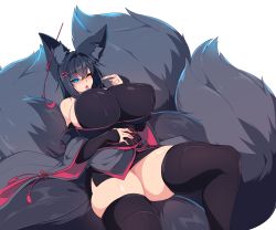 Rule 34 | 1girl, animal ears, bare shoulders, black hair, blue eyes, breasts, fox ears, fox girl, fox tail, glowing, glowing eyes, hair between eyes, highres, huge breasts, jewelry, kiri (sub-res), long hair, looking at viewer, multiple tails, one eye closed, open mouth, original, ring, simple background, skindentation, solo, sub-res, tail, thick thighs, thighhighs, thighs, tongue, tongue out, white background