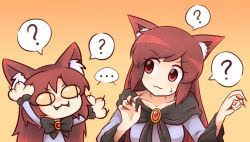 Rule 34 | &gt;:3, ..., 2girls, :3, ?, animal ear fluff, animal ears, borrowed character, brooch, brown hair, carnival phantasm, chibi, collarbone, dual persona, fangs, fingernails, imaizumi kagerou, jewelry, long fingernails, long sleeves, multiple girls, nail polish, neco-arc, neco-arc kagerou, parody, paw pose, red eyes, red nails, shirt, slit pupils, spoken question mark, style parody, tail, touhou, tsukihime, upper body, v-shaped eyebrows, werewolf, wide sleeves, wolf ears, wolf tail, wool (miwol)