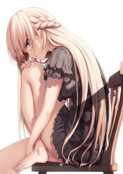 Rule 34 | 1girl, barefoot, black dress, blonde hair, blue eyes, blush, braid, breasts on lap, chair, commentary, dress, feet, foot out of frame, french braid, frilled dress, frills, from side, hair between eyes, highres, hugging own legs, knee up, leaning forward, legs, long hair, looking at viewer, on chair, oozora itsuki, original, parted lips, profile, short dress, sideways glance, simple background, sitting, solo, straight hair, thighs, toenails, toes, very long hair, white background