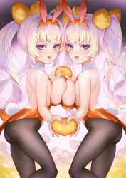 Rule 34 | 2girls, animal ears, black pantyhose, breast press, breasts, fake animal ears, haoni, highres, large breasts, leotard, long hair, looking at viewer, multiple girls, orange leotard, pantyhose, playboy bunny, rabbit ears, rabbit tail, standing, symmetrical docking, twintails, white hair, you can eat the girl