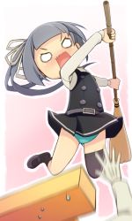 Rule 34 | 0 0, 1boy, 1girl, admiral (kancolle), blush, broom, buttons, chibi, commentary request, dress, gloves, green panties, grey hair, hair between eyes, hair ribbon, holding, holding broom, kantai collection, kasumi (kancolle), long hair, long sleeves, looking at viewer, military, military uniform, mofu namako, naval uniform, nose blush, open mouth, panties, pinafore dress, remodel (kantai collection), ribbon, school uniform, shirt, side ponytail, simple background, single thighhigh, skirt, sleeveless, sleeveless dress, standing, suspenders, t-head admiral, thighhighs, underwear, uniform, wavy mouth, white shirt