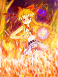 Rule 34 | 1girl, blurry, brown hair, clenched hand, fire, hair ribbon, highres, horn ornament, horn ribbon, horns, ibuki suika, long hair, looking at viewer, oni, red eyes, ribbon, solo, touhou, wrist cuffs, zimajiang