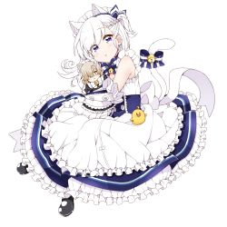 Rule 34 | 1girl, animal, animal ear fluff, animal ears, apron, arato asato, azur lane, bare shoulders, little bel (azur lane), belfast (azur lane), bell, bird, black footwear, blue bow, blue dress, blue ribbon, blush, bow, braid, cat ears, cat girl, cat tail, character doll, chestnut mouth, chick, commentary, commentary request, dress, elbow gloves, frilled apron, frills, full body, gloves, hair ribbon, head tilt, jingle bell, kemonomimi mode, maid, maid headdress, mary janes, hugging object, one side up, parted lips, ribbon, sheffield (azur lane), shoes, simple background, sleeveless, sleeveless dress, solo, striped, striped bow, tail, tail bell, tail bow, tail ornament, tail raised, waist apron, white apron, white background, white gloves