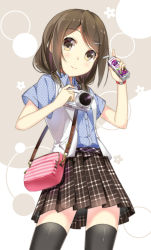 Rule 34 | 1girl, arm up, bag, black thighhighs, blue shirt, blush, bracelet, brown eyes, brown hair, brown skirt, camera, carrying over shoulder, closed mouth, commentary request, cowboy shot, holding, holding camera, jewelry, juice box, looking at viewer, multicolored background, original, polka dot, polka dot shirt, shirt, short hair, short sleeves, shoulder bag, simple background, skirt, smile, solo, swept bangs, taiyaki (astre), thighhighs, two-tone background, unmoving pattern, zettai ryouiki