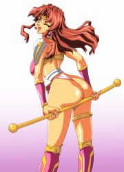 Rule 34 | 1990s (style), 1girl, ass, ass focus, brown hair, choujin gakuen gowcaizer, fang, fang out, fighting game, g-string, game, high boots, highres, mitake 2000, one eye closed, retro artstyle, smile, solo, son karin, staff, stick, technos, technos japan, thong, wink
