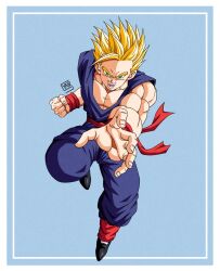 Rule 34 | 1boy, biceps, blonde hair, dragon ball, dragonball z, fighting stance, full body, green eyes, highres, male focus, muscular, muscular arms, muscular male, open mouth, pectoral cleavage, pectorals, screaming, serious, solo, solo focus, son gohan, spiked hair, super saiyan, super saiyan 1, tagme, wristband