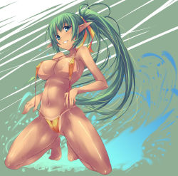 Rule 34 | 1girl, areola slip, bikini tan, breasts, covered erect nipples, green eyes, green hair, kneeling, large breasts, long hair, matching hair/eyes, naughty face, original, pointy ears, ponytail, shimakaze (soundz of bell), slingshot swimsuit, smile, solo, sweat, swimsuit, tan, tanline, wet