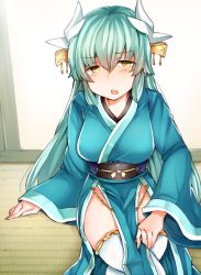 Rule 34 | 1girl, dragon girl, dragon horns, fate/grand order, fate (series), green hair, has bad revision, has lossy revision, horns, japanese clothes, jirou (tamaho39), kimono, kiyohime (fate), long hair, obi, sash, sitting, solo, thighhighs, white thighhighs, wide sleeves, yellow eyes