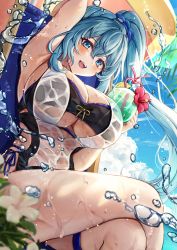 Rule 34 | 1girl, absurdres, arm behind head, arm up, armpits, artist request, bare arms, bare shoulders, blue eyes, blue hair, blush, breasts, check artist, cleavage, commentary request, crossed legs, cup, drinking glass, drinking straw, from below, hair ornament, highres, large breasts, long hair, looking at viewer, nyamaso, one-piece swimsuit, open mouth, original, ponytail, see-through, see-through one-piece swimsuit, sitting, smile, swimsuit, thigh strap, thighs, water, wet