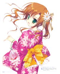 Rule 34 | 1girl, absurdres, animal, brown hair, fang, fish, floral print, green eyes, hair ornament, hairclip, hana x hana, highres, japanese clothes, kimono, narumiya hana, official art, open mouth, page number, ryouka (suzuya), scan, simple background, smile, twintails, white background, wide sleeves