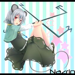Rule 34 | 1girl, animal ears, bad id, bad pixiv id, blush, capelet, dowsing rod, grey hair, jewelry, mary janes, mouse ears, mouse tail, nazrin, nnyara, open mouth, pendant, red eyes, shoes, short hair, skirt, solo, star (symbol), striped, striped background, tail, touhou, vertical stripes