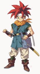 Rule 34 | 1boy, artist name, bag, bandana, belt, black belt, black footwear, black shirt, blue eyes, blue tunic, boots, bracer, carrying, chrono trigger, closed mouth, commentary request, crono (chrono trigger), hand on own hip, holding, holding sword, holding weapon, hosodayo, katana, looking at viewer, male focus, orange bandana, pants, red hair, satchel, shirt, short hair, short sleeves, signature, simple background, smile, spiked hair, standing, sword, tunic, weapon, white background, white pants