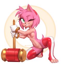 Rule 34 | 1girl, amy rose, animal ears, blush, breasts, cleft of venus, english text, furry, furry female, gloves, grin, hammer, highres, holding, holding hammer, looking at viewer, nipples, one eye closed, on one knee, pussy, simple background, small breasts, smile, sonic (series), tail, teeth, thighhighs, toeless legwear, twitter logo, twitter username, wagadraws, white background, white gloves