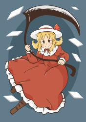 Rule 34 | 1girl, blonde hair, boots, brown footwear, chii-kun (seedyoulater), dress, elly (touhou), frilled dress, frills, hat, hat ribbon, holding, holding weapon, long sleeves, red dress, red ribbon, ribbon, scythe, short hair, simple background, smile, solo, touhou, touhou (pc-98), weapon, white hat, yellow eyes