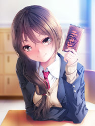 Rule 34 | 1girl, :&gt;, blazer, blue jacket, blush, brown eyes, brown hair, buttons, chocolate, classroom, collared shirt, commentary request, day, desk, diagonal stripes, gift, hair tie, incoming gift, indoors, jacket, leaning forward, long hair, looking at viewer, necktie, nervous, nervous smile, original, red necktie, rezi, school, school desk, school uniform, shirt, side ponytail, smile, solo, striped necktie, striped neckwear, sunlight, upper body, valentine, white shirt, wing collar