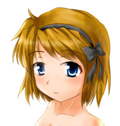 Rule 34 | 1girl, animification, blue eyes, blush, breasts, brown hair, cleavage, collarbone, derpina, hairband, internet, light smile, lipstick, looking at viewer, makeup, meme, original, ribbon, saihamaru, short hair, simple background, small breasts, solo, swept bangs, white background