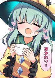 Rule 34 | 1girl, absurdres, black headwear, blouse, bow, bubble, buttons, closed eyes, cup, diamond button, frilled shirt collar, frilled sleeves, frills, green hair, hat, hat bow, hat ribbon, heart, highres, holding, holding cup, komeiji koishi, open mouth, ribbon, rpameri, shirt, speech bubble, touhou, wide sleeves, yellow bow, yellow ribbon, yellow shirt