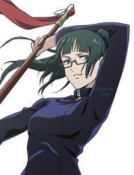 Rule 34 | 1girl, arm behind head, black jacket, blunt bangs, breasts, brown hair, glasses, green hair, high collar, holding, holding polearm, holding weapon, jacket, jujutsu kaisen, long hair, medium breasts, parted lips, polearm, ponytail, smile, solo, taso (harutsukimikan), twitter username, upper body, weapon, white background, zen&#039;in maki