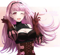 Rule 34 | 1girl, 2021, ;d, black hairband, breasts, cleavage, cleavage cutout, clothing cutout, dated, detached sleeves, earrings, female focus, fire emblem, fire emblem: three houses, floating hair, gloves, hairband, hand in own hair, happy birthday, highres, hilda valentine goneril, hoop earrings, jewelry, long hair, looking at viewer, matching hair/eyes, medium breasts, nintendo, one eye closed, open mouth, pink eyes, pink hair, pink sleeves, red gloves, shinae, smile, solo, striped sleeves, upper body, very long hair, wink