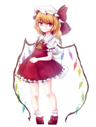 Rule 34 | 1girl, back bow, backlighting, blonde hair, bobby socks, bow, closed mouth, collared shirt, crystal, flandre scarlet, footwear bow, frilled shirt collar, frilled skirt, frilled sleeves, frills, full body, hat, highres, large bow, looking at viewer, medium hair, mob cap, multicolored wings, pigeon-toed, puffy short sleeves, puffy sleeves, red bow, red eyes, red footwear, red ribbon, red skirt, red vest, ribbon, shinonome kia, shirt, short sleeves, simple background, skirt, skirt set, sleeve ribbon, socks, solo, standing, touhou, vest, white background, white bow, white hat, white shirt, white socks, wings