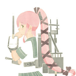 Rule 34 | 10s, 1girl, abstract, cannon, cowboy shot, from side, green eyes, hair ribbon, hand on own chin, high ponytail, kantai collection, long hair, looking at viewer, machinery, negative space, nogiguchi kohiro, pink hair, ribbon, rigging, school uniform, short sleeves, simple background, skirt, solo, very long hair, white background, yura (kancolle)