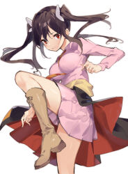 Rule 34 | &gt;:), 1girl, between breasts, black hair, boots, breasts, brown footwear, butterfly hair ornament, closed mouth, collared shirt, commentary request, diagonal-striped clothes, diagonal-striped necktie, floating hair, funifura, hair between eyes, hair ornament, highres, knee boots, kono subarashii sekai ni bakuen wo!, lamb (hitsujiniku), long hair, long sleeves, medium breasts, necktie, necktie between breasts, pink shirt, pink skirt, pleated skirt, red eyes, school uniform, shirt, simple background, skirt, smile, solo, standing, standing on one leg, striped clothes, twintails, v-shaped eyebrows, very long hair, white background