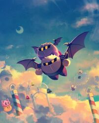 Rule 34 | artist name, bat wings, blue sky, bronto burt, character request, check character, cloud, copy ability, crescent moon, flying, gloves, highres, kirby, kirby (series), kracko, looking up, mask, meta knight, moon, nintendo, on person, revision, sky, star (sky), star (symbol), starry sky, suyasuyabi, twitter username, ufo (kirby), waddle dee, waddle doo, wings, yellow eyes