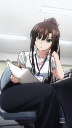 Rule 34 | artist request, bad id, bad twitter id, black skirt, window blinds, brown hair, chair, desk, fluorescent lamp, green eyes, hair ribbon, hand on own chin, highres, id card, indoors, kirasaka sayaka, long hair, name tag, office, office chair, office lady, official art, paper, ribbon, shirt, sidelocks, sitting, skirt, solo, strike the blood, swivel chair, tsurime, v-shaped eyebrows, white shirt