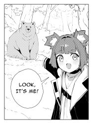 Rule 34 | 1girl, absurdres, animal, animal ears, bear, bear ears, bear girl, choker, english text, fang, forest, greyscale, gris (vertigris), highres, jacket, looking at viewer, meme, monochrome, nature, open clothes, open jacket, open mouth, original, outdoors, pointing, revision, short hair, smile, speech bubble, standing, tree, two soyjaks pointing (meme), vertigris