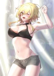 Rule 34 | 1girl, armpits, arms up, bare arms, bare shoulders, black choker, blonde hair, blush, breasts, choker, chumugi, cleavage, commentary request, cowboy shot, crop top, genshin impact, grey shorts, groin, hair between eyes, highres, large breasts, long hair, looking at viewer, lumine (genshin impact), midriff, navel, one eye closed, open mouth, short shorts, shorts, sleeveless, solo, standing, stomach, thighs, yellow eyes