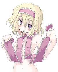Rule 34 | 1girl, alice margatroid, blonde hair, blush, censored, completely nude, convenient censoring, female focus, flat chest, frills, hairband, mochiki, naked ribbon, navel, no nose, nude, oekaki, purple eyes, ribbon, solo, touhou, upper body