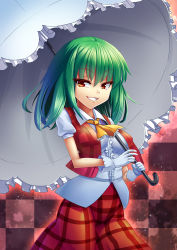 Rule 34 | 1girl, checkered background, checkered clothes, checkered skirt, checkered vest, clenched teeth, green hair, highres, kazami yuuka, parasol, red eyes, skirt, solo, teeth, touhou, umbrella, vest, z.o.b