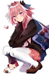 Rule 34 | 1boy, astolfo (fate), astolfo (sailor paladin) (fate), bad id, bad pixiv id, bag, braid, charm (object), fang, fate/apocrypha, fate/grand order, fate (series), hair ribbon, heart, highres, ichinosenen, loafers, long hair, looking at viewer, male focus, official alternate costume, pink hair, purple eyes, ribbon, school bag, school uniform, serafuku, shoes, single braid, skin fang, skirt, smile, solo, squatting, thighhighs, trap, white thighhighs