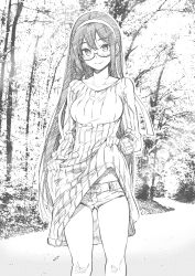 Rule 34 | 1girl, absurdres, alternate costume, ass, bag, blush, breasts, clothes lift, cowboy shot, dress, dress lift, glasses, greyscale, hairband, handbag, highres, kantai collection, kojima takeshi, lifting own clothes, long hair, looking at viewer, looking back, medium breasts, monochrome, ooyodo (kancolle), outdoors, ribbed dress, semi-rimless eyewear, short shorts, shorts, smile, solo, standing, sweater, sweater dress, sweater lift, tree, under-rim eyewear