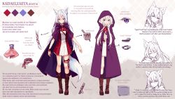 Rule 34 | 1girl, animal ears, arm ribbon, ascot, boots, brown footwear, character profile, cloak, commission, dress, english text, expressions, full body, hair ribbon, hood, hood down, hood up, hooded cloak, hyanna-natsu, long hair, original, purple cloak, ribbon, short dress, tail, white hair, wolf ears, wolf girl, wolf tail