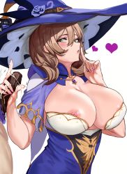 Rule 34 | 1boy, 1girl, absurdres, black panties, breasts, brown hair, capelet, cleavage, cum, cum in clothes, cum on hands, dress, finger to mouth, genshin impact, gloves, green eyes, handjob, handjob over clothes, hat, heart, hetero, highres, jewelry, large breasts, lisa (genshin impact), long hair, looking at penis, loooyd, motion lines, nail polish, nipple slip, nipples, panties, pendant, penis, pink nails, purple capelet, purple dress, purple headwear, solo focus, underwear, unworn gloves, white background, witch hat