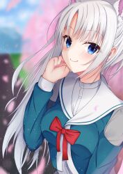 Rule 34 | 1girl, absurdres, animal ear fluff, animal ears, blue eyes, blue jacket, blurry, blurry background, blush, bow, breasts, cherry blossoms, clenched hand, closed mouth, commentary, dog ears, eyelashes, hand up, highres, jacket, kiki0319i, large breasts, light particles, long hair, looking at viewer, outdoors, parted bangs, red bow, sailor collar, school uniform, senren banka, shirt, sidelocks, smile, solo, tomotake yoshino, very long hair, white hair, white sailor collar, white shirt, yuzu-soft