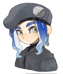 Rule 34 | 1boy, beret, blue hair, cephalopod eyes, closed mouth, commentary, commission, cropped torso, ear piercing, gradient hair, grey hat, hat, highres, long hair, male focus, multicolored hair, nintendo, octoling, octoling boy, octoling player character, piercing, redbeanpie0, simple background, solo, splatoon (series), splatoon 3, tentacle hair, thick eyebrows, upper body, white background, yellow eyes, zipper, zipper pull tab