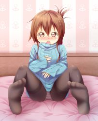 Rule 34 | 10s, 1girl, black pantyhose, blush, brown hair, feet, folded ponytail, gurande (g-size), hand on own chest, highres, inazuma (kancolle), kantai collection, no pants, no shoes, open mouth, panties, panties under pantyhose, pantyhose, ribbed sweater, short hair, solo, striped clothes, striped panties, sweater, thighband pantyhose, turtleneck, underwear