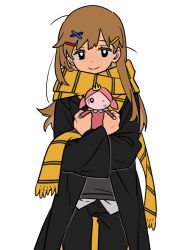 Rule 34 | 1girl, brown hair, cloak, doll, hair ornament, hairclip, harry potter (series), hogwarts school uniform, holding, holding doll, hufflepuff, hugging doll, hugging object, karen mccormick, long hair, long sleeves, scarf, school uniform, smile, solo, south park, striped clothes, striped scarf, ten (lu2948d), wizarding world, x hair ornament