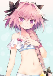 Rule 34 | 1boy, astolfo (fate), astolfo (sparkling frills) (fate), bikini, bikini top only, bow, braid, fang, fate/grand order, fate (series), hair bow, hair intakes, hand on own chest, highres, long hair, low-tied long hair, male focus, navel, off-shoulder bikini, off shoulder, official alternate costume, pink eyes, pink hair, ponytail, ribbon, single braid, skin fang, smile, solo, striped bikini, striped clothes, swimsuit, trap, upper body, very long hair, yuzuki gao