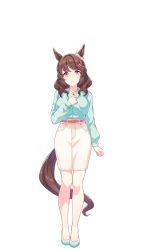 Rule 34 | 1girl, animal ears, belt, breasts, brown hair, collarbone, full body, hair ornament, hairclip, highres, horse ears, horse tail, jewelry, large breasts, light hello (umamusume), necklace, official art, purple eyes, shoes, smile, solo, standing, tail, transparent background, umamusume