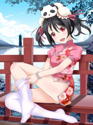 Rule 34 | 10s, 1girl, :d, adjusting clothes, adjusting legwear, black hair, bracelet, bun cover, china dress, chinese clothes, contrail, day, dress, edogawakid, feet, floral print, hair ribbon, jewelry, legs, love live!, love live! school idol festival, love live! school idol project, no shoes, open mouth, pagoda, pearl bracelet, red hair, ribbon, side slit, smile, sock pull, socks, solo, stuffed animal, stuffed panda, stuffed toy, thighhighs, twintails, white socks, yazawa nico