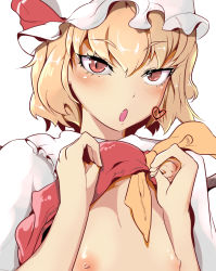Rule 34 | 1girl, banned artist, blonde hair, flandre scarlet, flashing, heart, hekiga (freelot), looking at viewer, nipples, open mouth, red eyes, solo, touhou, white headwear